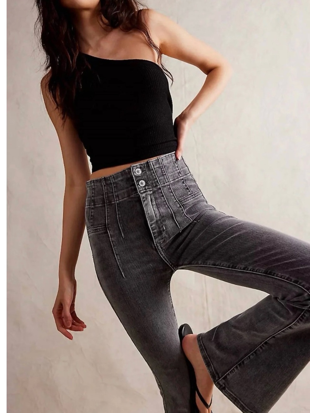 We The Free Washed Grey High-Rise Flare Jeans